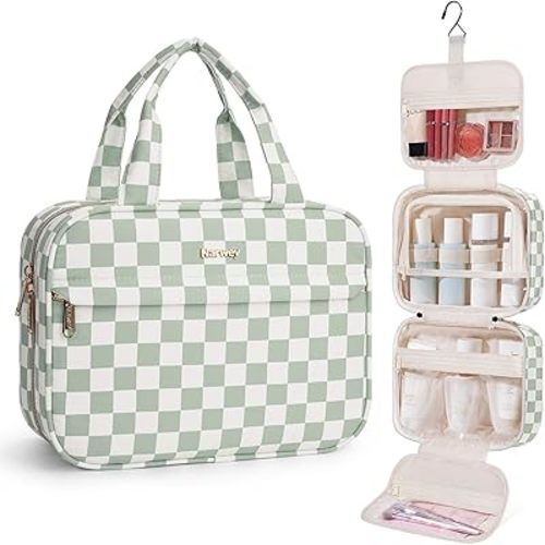 Narwey Hanging Toiletry Bag for Women Checkered Travel Makeup Bag Cosmetic Make Up Organizer Toiletries Bag for Travel Essentials Accessories (Mint Green Checkerboard, Medium)