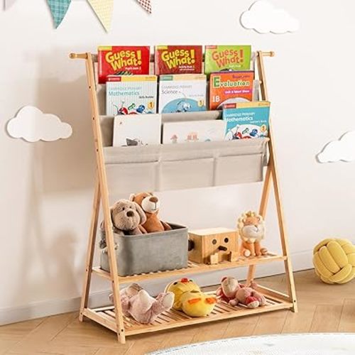 Kids Bookshelf and Toy Storage - Kids Book Shelf for Kids Rooms, Bamboo Bookrack Canvas Book Storage Shelf, Toddler Bookshelf Baby Bookcase for Nursery, Montessori Toy Organizer