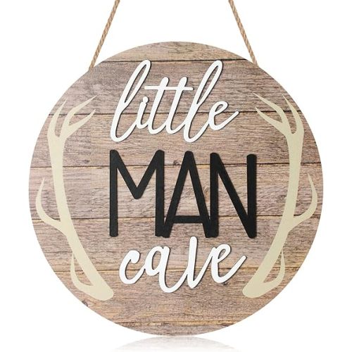 Blulu Little Man Cave Sign 12 x 12 Inch Little Man Cave Decoration for Nursery Wooden Wall Room Wall Decor Rustic Round Wood Sign Decor