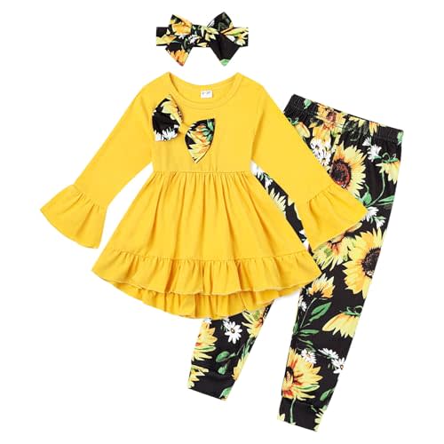 Ayzozuy Toddler Baby Girl Clothes Floral Outfit Ruffle Sleeve Shirt with Headband 3PC Pant Set Fall Clothing for Girl