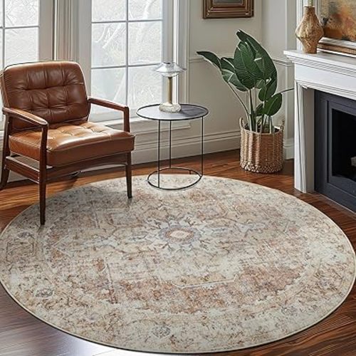 jinchan Round Rug 7ft Washable Area Rug Indoor Vintage Bedroom Floor Cover Distressed Circle Mat 7' Round Lightweight Non Slip Low Pile Thin Farmhouse Carpet for Living Room Dining Room Brick Red