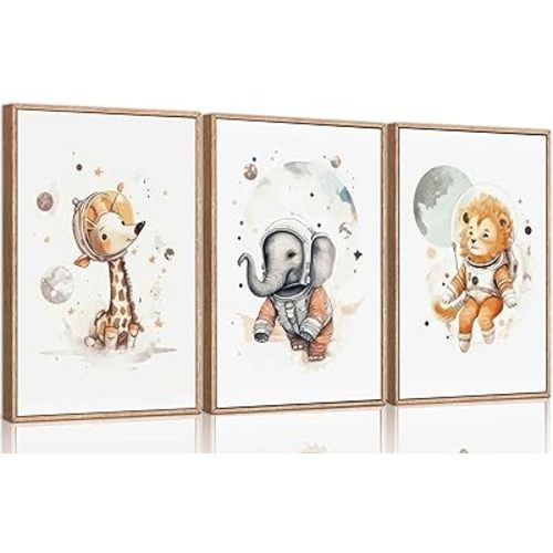 3 Pcs Space Animals Nursery Canvas Wall Art Cute Safari Astronauts Kid Painting Pictures Wall Decor Poster Print Artwork for Baby Boys and Girls Room Kids Room Home Decoration Unframed