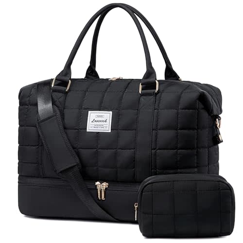 LOVEVOOK Puffer Weekender Bags for Women, Carry On Overnight Bag with Toiletry Bag, Gym Duffel Bag with Wet Pocket, 2Pcs Set