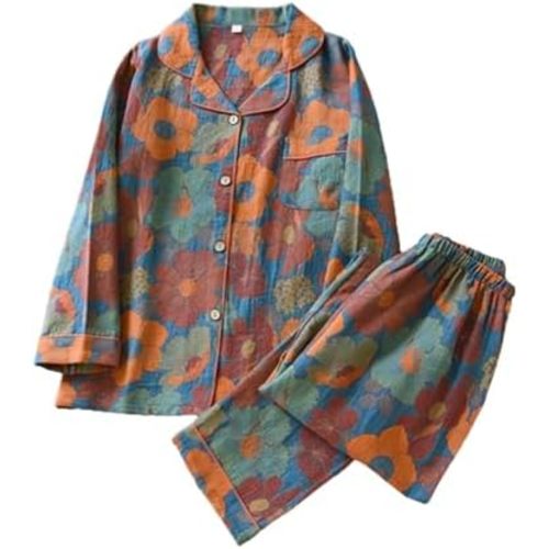 Vintage Leaf Cotton Lapel Loungewear Set, Women's Long Sleeve Button Sleepwear Loungewear Pajama Set Two-Piece