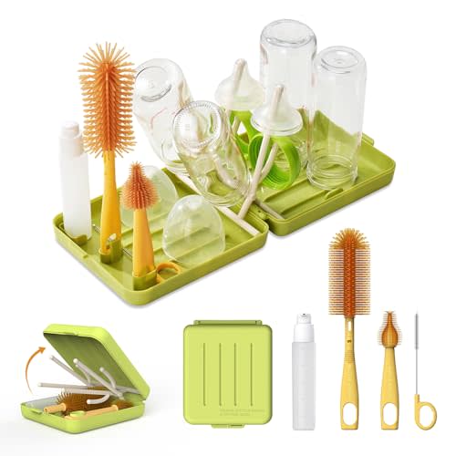 VOGOGE Travel Bottle Brush with Portable Bottle Drying Rack, Baby Bottle Brush for Baby Travel Essential, Green