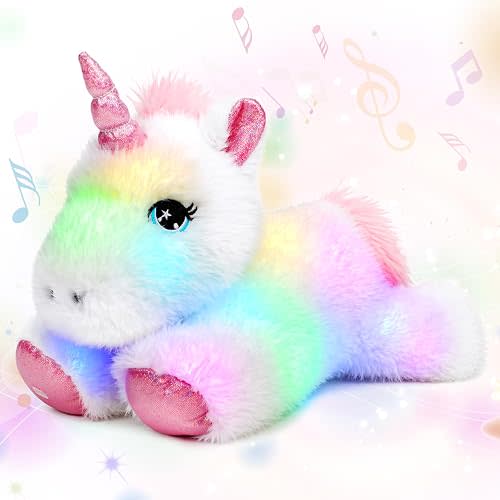 Musical Plush White Unicorn Stuffed Animal Glowing LED Light-up Nightlight Toys Singing Lullabies Birthday Christmas Plushies Gifts for Kids Boys Girls,13"