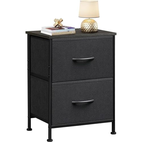 WLIVE Black Nightstand, Small Dresser for Bedroom with 2 Fabric Drawer, Bed Side Table with Drawers, End Table Bedside Furniture, Sturdy Steel Frame, Wood Top, Closet Organizer, College Dorm