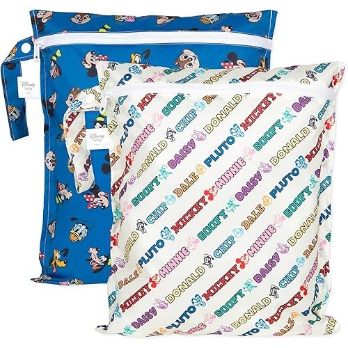 Bumkins - Disney - Waterproof Wet Bag - For Baby, Travel, Swim Suit, Cloth Diapers, Pump Parts, Pool, Gym, Toiletry, Strap to Stroller - Reusable & Easy to Clean - 2pk - Mickey & Friends