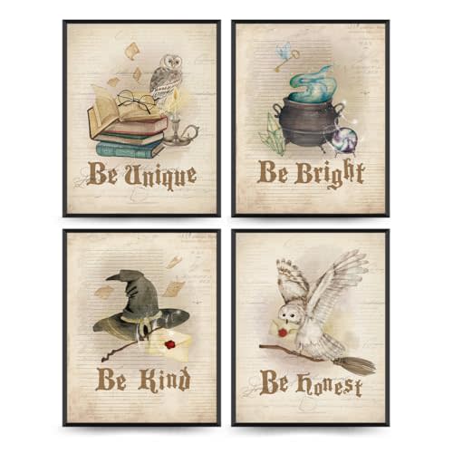 PLKMN Vintage Retro Magic Art Print Set of 4, Owl Magic Book Magic Stick Wall Art,Be Kind Wall Poster Picture, Magic Lovers, Positive Poster For Girls Room Living Room Home Decor 8x10 Inch (Unframed)