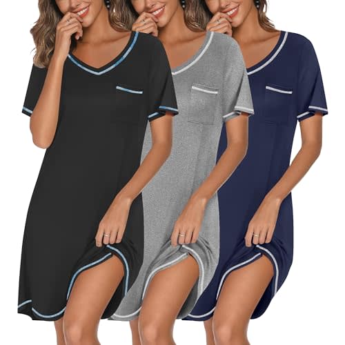 Ekouaer 3 Pack Nightgowns for Women Short Sleeve Sleep Shirts T Shirt Night Gown V Neck Nightshirts Soft Sleepwear Dress
