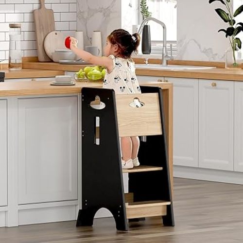 COSYLAND Toddler Standing Tower Adjustable Height - Super Stable Kids Kitchen Stool Helper - 3 Levels Adjustable Wooden Toddler Kitchen Stool (Natural & Black)