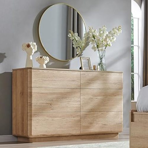Modern 6 Drawer Dresser for Bedroom, 52" Wide Dresser TV Stand with Large Drawers, Natural Texture, Curved Angle for Room, Hallway and Entryway, Nutural Oak