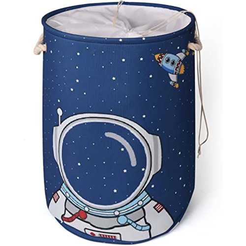 INough Panier à linge rond pliable et imperméable en lin avec poignées pour salle de jeux, chambre à coucher (astronaute)
