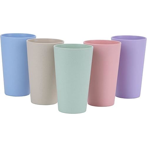 LuckyZone Wheat Straw Unbreakable Cup | 20 oz Reusable Water Drinking Glasses Sets of 5 | Lightweight Tumbler for Kitchen Outdoor | Dishwasher Safe, BPA Free and Eco friendly (20 oz, 5 Color_A)
