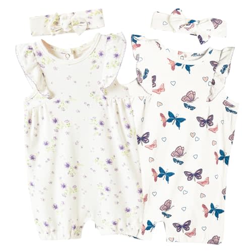Minicoco Baby Girls Ruffled Sleeve Rompers Set of 2, 0-3 Months