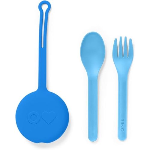 Omie OmieBox Kids Utensils Set with Case - 2 Piece Plastic, Reusable Fork and Spoon Silverware with Pod for Kids (Blue)