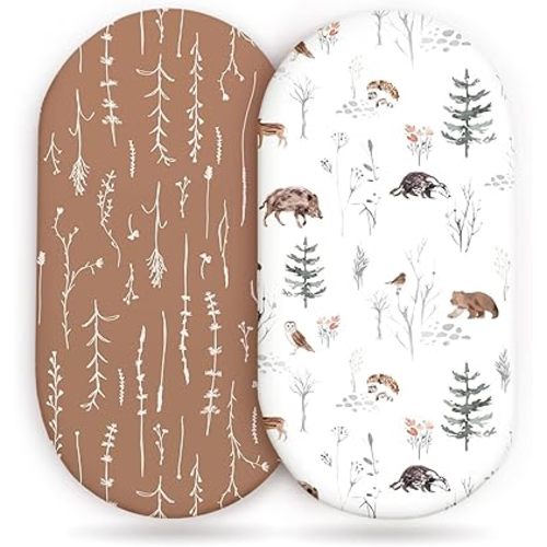 Stretch Ultra Soft Fitted Bassinet Sheet Set 2 Pack, Universal Fit for Bassinets Baby Cradle Moses Basket Oval Rectangle Mattress Safe and Snug, Stylish Pattren of Jungle Animals