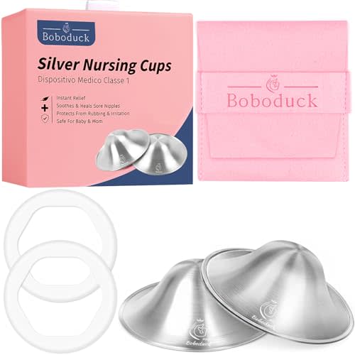 Boboduck The Original Silver Nursing Cups - 999 Silver Nipple Covers Breastfeeding - Protect and Soothe Sore Nipples - Breastfeeding Essentials Silver Nipple Guards with Soft Silicone Ring (Regular)