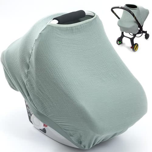 Car Seat Cover Baby, Organic Muslin Carseat Covers Baby, Privacy Nursing Cover for Breastfeeding, Infant Car seat Canopy fit Spring Summer, Hot Days, Breathable Carrier Cover for Newborn Essentials - Green
