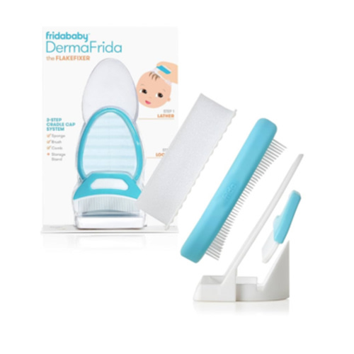 Frida Baby The 3-Step Cradle Cap System, DermaFrida The FlakeFixer, Sponge, Brush, Comb and Storage Stand for Babies with Cradle Cap, White-Blue
