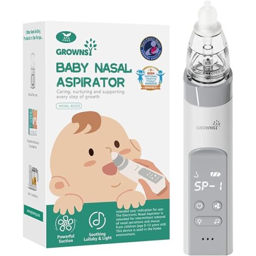 GROWNSY Nasal Aspirator for Baby, Baby Nose Sucker Pro with 3 Soft Silicone Tips, Adjustable Suction, Electric Nose Suction for Baby, Built-in Music & Light Soothing