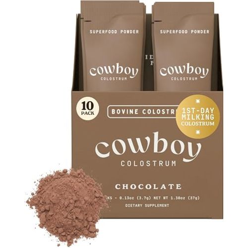 Cowboy - The Exclusive 1st Milking, Whole, Grass Fed Colostrum Supplement for Full Body Health - Bovine Colostrum Powder Packed w/Bioactive Nutrients (10 Travel Packs - Chocolate)