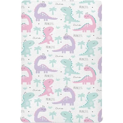Princess Dinosaur Crib Sheets for Boys Girls, 52x28 Inch Soft and Breathable Pack n Play Sheets, Portable Mini Stretchy Cribs Sheets