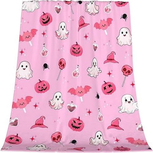 Halloween Throw Blanket Ultra Soft Pink Ghost Pumpkin Bat Flannel Blanket,Cozy Warm Lightweight Gift for Adults Kids,Machine Washable Couch Bed Blankets 40x30in