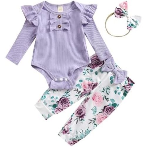 Baby Girls Clothes Ribbed Romper Bodysuit Pants Headband Set Fall Winter Outfits