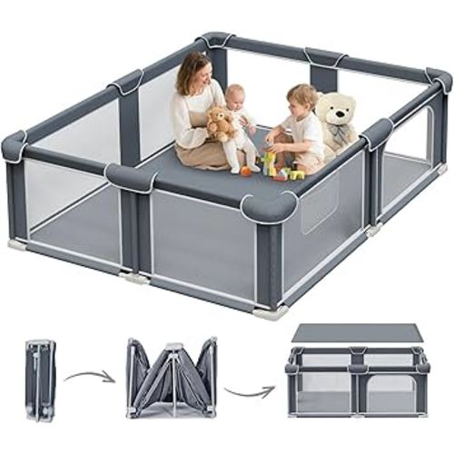 G TALECO GEAR Foldable Playpen for Babies and Toddlers, 59"x71" Portable Play Yard with Mat, Kids Collapsible Play Pen with Sturdy Metal Frame & Mesh Walls, Indoor & Outdoor Baby Fence Play Area