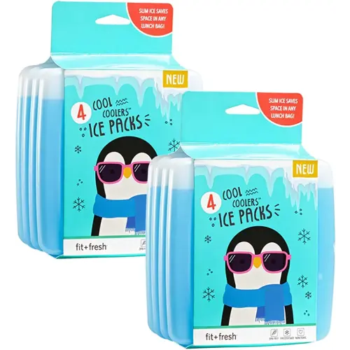 Cool Coolers By Fit + Fresh, 4 Pack Slim Ice Packs, Space Saving Reusable Ice Packs for Lunch Boxes or Coolers, Blue, 2 Packs of 4