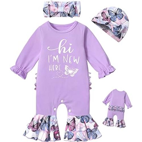 Newborn Girl Clothes Ruffle Letter Print Romper Infant Bell Bottom Jumpsuit Boho Baby Girl Clothes with Headband Hat