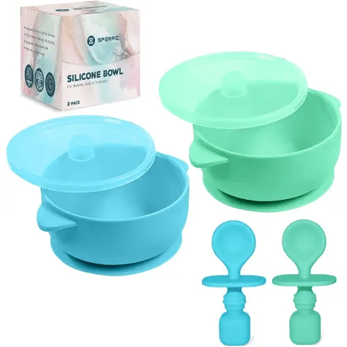 Sperric Silicone Suction Baby Bowl with Lid - BPA Free - 100% Food Grade Silicone - Infant Babies and Toddler Self Feeding (Blue/Green)