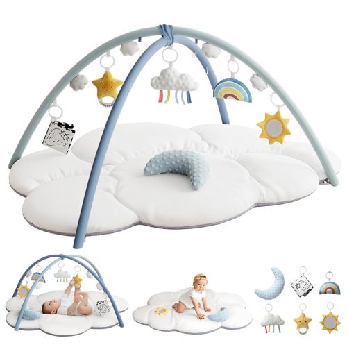 Oversized Baby Play Gym with 5 Detachable Toys & Tummy Time Pillow – Soft Cloud-Shaped Baby Play Mat for Newborns, Promotes Motor Skills & Sensory Development, Ideal Baby Gift