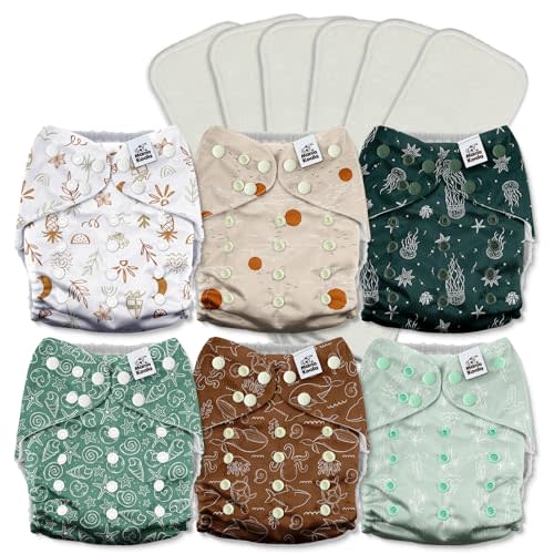 Mama Koala 3.0 Cloth Diapers for Babies with AWJ Lining, 6 Pack with 6 5-Layer Natural Cloth Diaper Inserts - Reusable and Washable Pocket Diapers(A-Seashore)