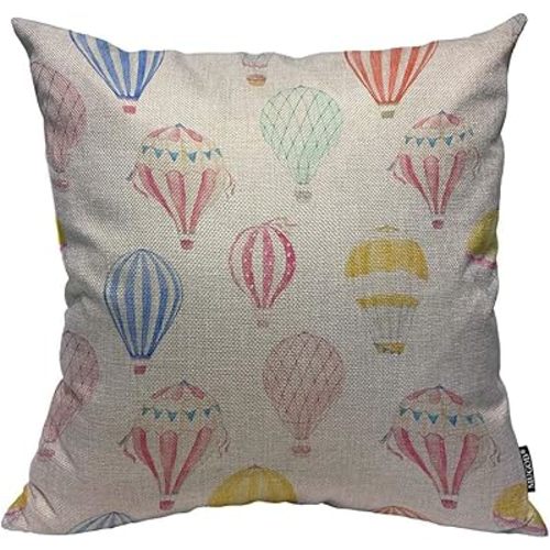 Mugod Balloon Throw Pillow Cover Cute Watercolor Hot Air Balloons Pattern Decorative Square Pillow Case for Home Bedroom Living Room Cushion Cover 18x18 Inch