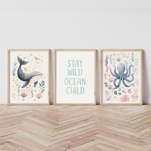 Under the Sea Nursery Prints, Set of 3 Ocean Wall Art Whale, Octopus, and Ocean Child Quote, Underwater Kids Room Decor Sea Life Nursery Art