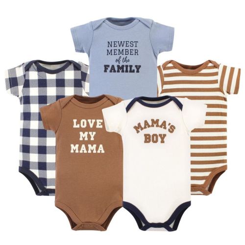 Hudson Baby Infant Boy Cotton Bodysuits, Brown Navy Mamas Boy 5-Pack, Newborn