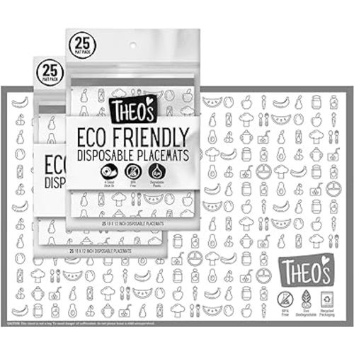 THEO'S 50 Pack Stick on Disposable Table Mats for Kids & Baby Led Weaning | Large 12" x 18" Restaurant Placemats in Re-usable Travel Pouch