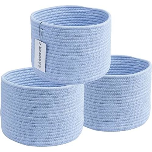 Woven Cotton Storage Baskets - 3-Pack Round Bins (10x10x7'') for Shelves, Closets & Bookcases | Durable Rope Organizers for Nursery, Baby, Toys, Easter & More (blue)