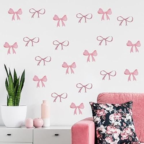 160Pcs Pink Bowtie Wall Stickers(8 Sheets), 11.42 x 7.87 Inch Self-Adhesive Watercolor Coquette Bow Knot Decals for Nursery Kindergarten Girls Bedroom Decor