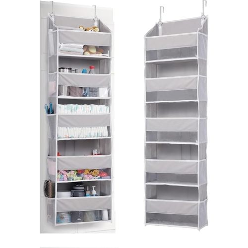 ULG 1 Pack Over Door Organizer with 5 Large Pockets 10 Mesh Side Pockets, 44 lbs Weight Capacity Hanging Storage Organizer with Clear Window for Kids Toys, Shoes, Diapers, Grey, 5 Layer