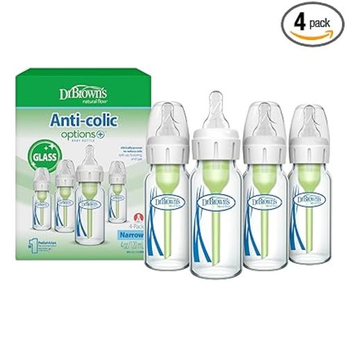 Dr. Brown's Anti-Colic Options+ Narrow Glass Baby Bottle with Level 1 Slow Flow Nipple, BPA-Free, 4 oz/120mL, 4-Pack