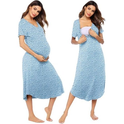 Ekouaer Womens Maternity Nightgown for Hospital Pregnancy Long Nightgowns Nursing Night Gown for Breastfeeding