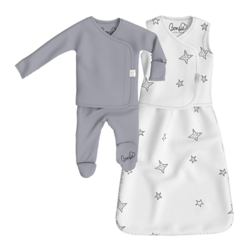 Cuddle Bundle - Stars Cuddle Sack + Fog Footie – Bonsie Skin to Skin Babywear