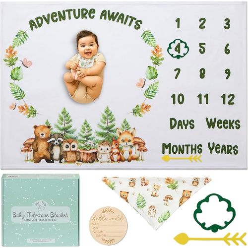 Bliss n' Baby Monthly Milestone Blanket for Baby Girl - 60"x40" - Wrinkle Free Baby Age Month Blanket with Growth Chart - Washable & Dryable - w/Wreath & Headband - Floral Theme