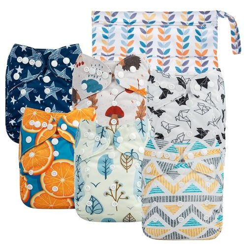 babygoal Cloth Diaper Covers 6 Pack with Wet Bag for Fitted Diapers and Prefolds with Double Gussets, Adjustable and Reusable for Baby Boys 6DCF05 - Boy Color 03