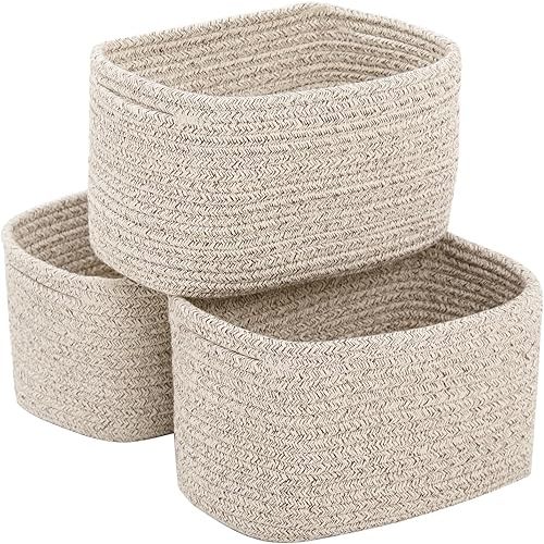 Small Cotton Rope Storage Basket Set of 3-11"x7"x7" Perfect Woven Baskets for Storage, Ideal Storage Baskets for Organizing Toys, Towels, and More - Baskets for Shelves and Home Decor(Beige)