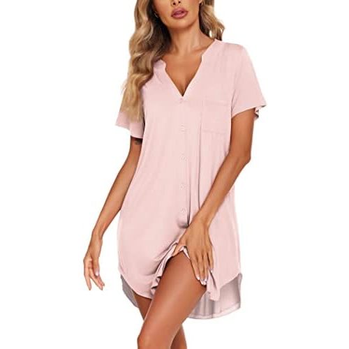 Ekouaer Women Button Down Nightgown V Neck Night Gowns Sleepshirts Short Sleep Shirts