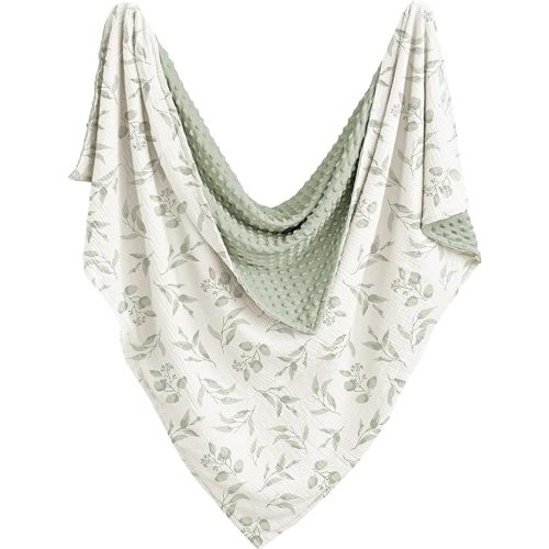 Konssy Baby Blankets for Unisex Boys Girls, Super Soft Nursery Minky Blankets with Muslin Cotton Front and Dotted Fleece Backing, Printed Bed Throws Newborn